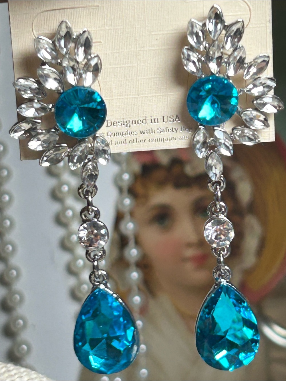 Crystal Teardrop Dangle Earrings - Turquoise Blue